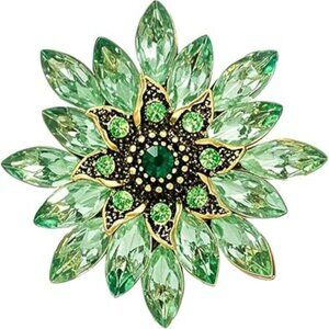 Stunning Green Flower Brooch Gold with Crystal Rhinestones